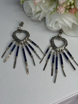 Vintage Native American 925 Sterling Silver Lapis Earrings Length 2.50 Inch
