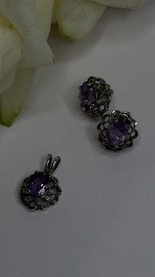 925 Sterling Silver Amethyst Set Floral Filigree Ring Pendant & Earrings
