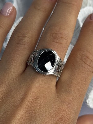 925 Sterling Silver Onyx & Beryl Ring Size 9