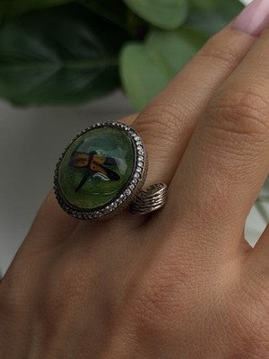 Vintage Nature Art 925 Sterling Silver Dragonfly Resin Ring Size 6.5