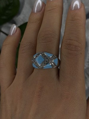925 Sterling Silver Blue Turquoise & White Colorless Beryl Ring Size 9