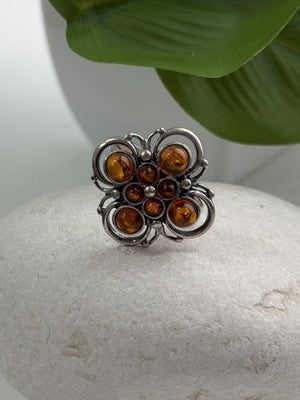 925 Sterling Silver Amber Flower Ring Size 9.5