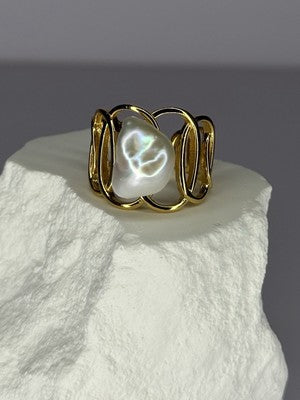 925 Sterling Silver Gold Plated Pearl  Ring Size Adjustable