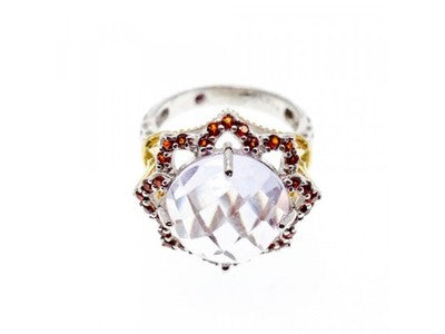 925 Sterling Silver With Gilding Morganite & Garnet "Flower" Ring Size 7