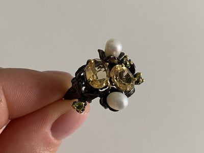 925 Sterling Blackened Silver Citrine, Peridot and Pearls Ring Size 7