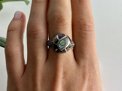 925 Sterling Silver Haliotis & Marcasites Ring Size 8.5