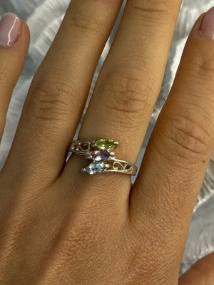 925 Sterling Silver Peridot, Amethyst & Topaz Ring Size 8