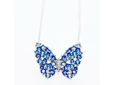 925 Sterling Silver Aquamarine & Tourmaline "Butterfly" Necklace