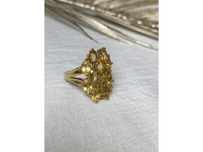 925 Sterling Silver Gold Plated Yellow Tourmalines & Diamonds Ring Size 8