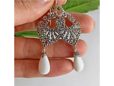 925 Sterling Silver Mother OF Pearl & Marcasites Earrings