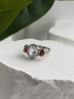 925 Sterling Silver Beryl & Garnet Ring Size 6.5