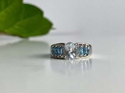925 Sterling Silver Aquamarines Ring Size 8