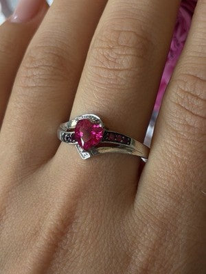 925 Sterling Silver Pink Sapphire Heart Ring Size 10
