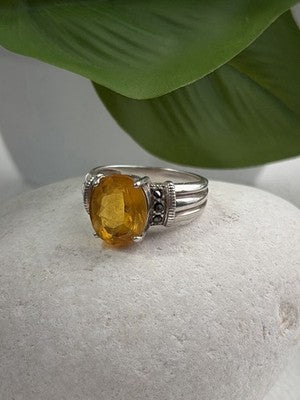 925 Sterling Silver Citrine & Marcasite Ring Size 8