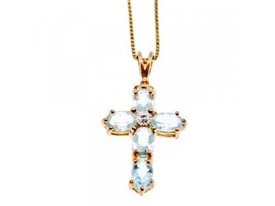 925 Sterling Silver Gold Plated Blue Spinel Chain With Cross