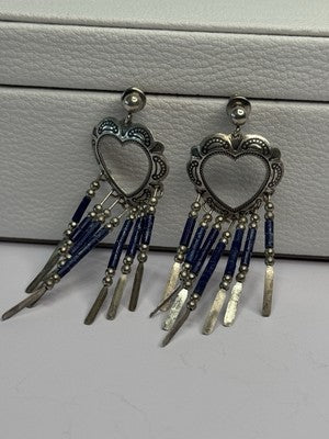 Vintage Native American 925 Sterling Silver Lapis Earrings Length 2.50 Inch