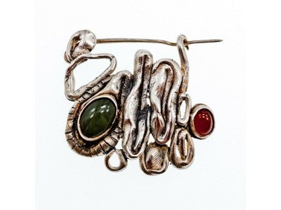 Vintage 925 Sterling  Silver Green  Jade & Red Carnelian Brooch
