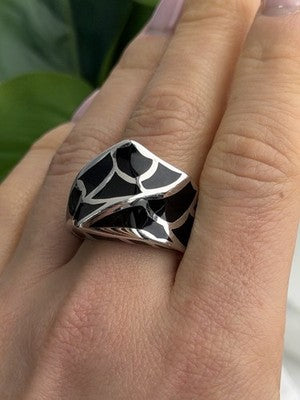 Italy Geometric Design 925 Sterling Silver Black Onyx Ring Size 10
