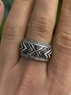 JWBR 925 Sterling Silver Enamel Zebra Stripe Diamonds Ring Size 8