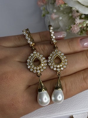 GOLD PLATED PEARL & CZ EARRINGS LENGTH 2.60 INCH
