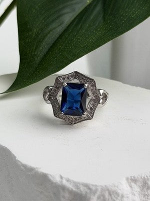 925 Sterling Silver Sapphire & Beryl Ring Size 5.5