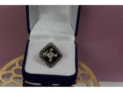925 Sterling Silver Black Jade, Colorless Sapphire & Marcasite Ring Size 5.5
