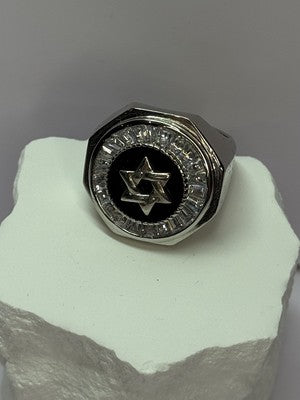 925 Sterling Silver Star of David Onyx & CZ Ring Size 9.5