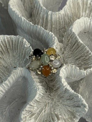 925 Sterling Silver 6 Colors Of Jade Flower Ring Size 8, 9