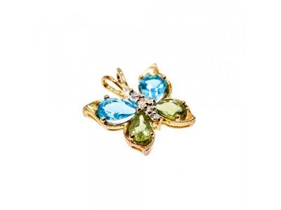 14K Yellow Gold Topaz, Peridot & Diamonds Butterfly Pendant