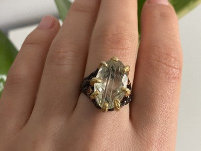 925 Blackened Silver With Gilding Green Amethyst & Heliodor Ring Size 9.75