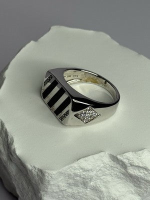 925 Sterling Silver Black Enamel & CZ Men'S Ring Size 11