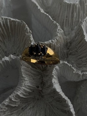 925 Sterling Silver Gold Plated Dark Blue Sapphire & Diamond Ring Size 7.5