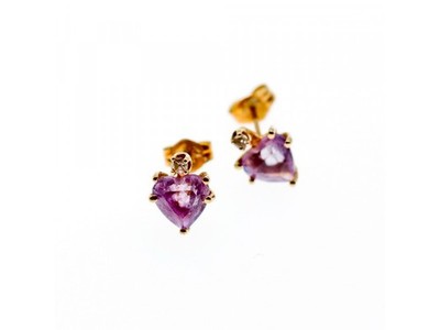 14K Yellow Gold Amethyst & Diamonds "Hearts" Stud Earrings