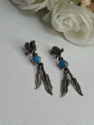 Navajo Flying Eagle 925 Sterling Silver Turquoise Earrings Length 1.60 Inch