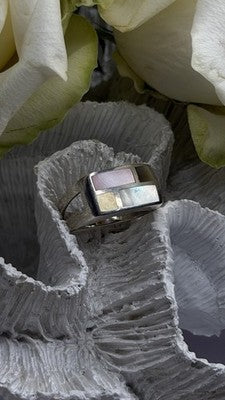 Vintage Modernist 925 Sterling Silver Ring Abalone Stone Mosaic Size 6.5