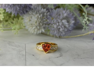 925 Sterling Silver Gold Plated Orange Topaz & CZ Ring Size 8.5