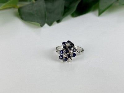 925 Sterling Silver Sapphire & CZ "Flowers" Ring Size 6.75