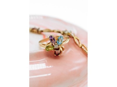 10K Yellow Gold Amethyst, Garnet, Topaz, Peridot & Diamond Ring Size 6.25
