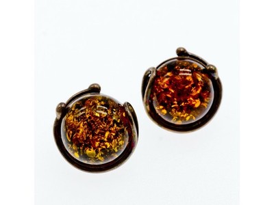 Vintage 925 Sterling Silver Amber Stud Earrings Italy