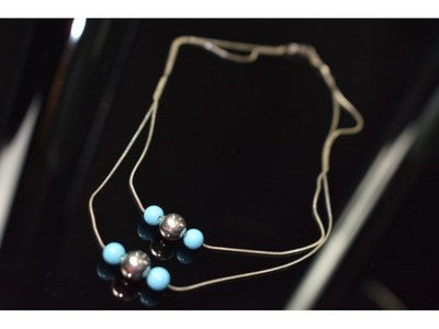 925 Sterling Silver Turquoise Imitation Necklace From two Chains Italy