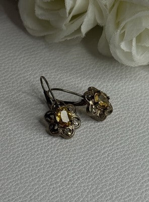 925 Sterling Silver Citrine Flower Earrings Length 1 Inch