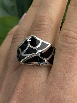 Italy Geometric Design 925 Sterling Silver Black Onyx Ring Size 10