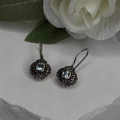 Vintage Filigree 925 Sterling Silver Blue Topaz Dangle Earrings