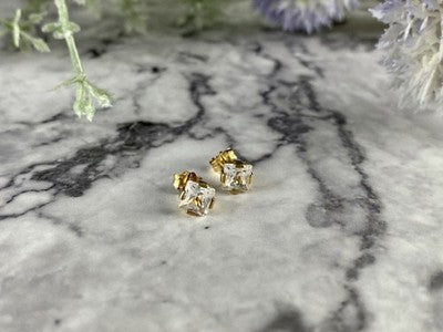 925 Sterling Silver Gold Plated White Topaz Stud Earrings Italy