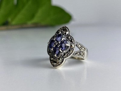 Vintage 925 Sterling Silver Amethyst & Marcasites Ring Size 5.5