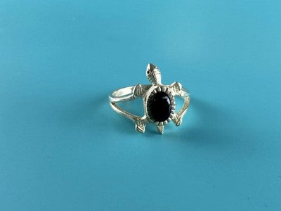 925 Sterling Silver Black Onyx "Turtle" Ring Size 5.5