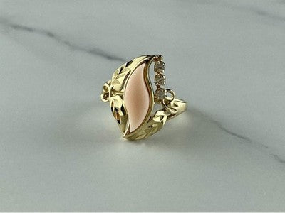 14K Yellow Gold Pink Agate & Sapphires Ring Size 5.5