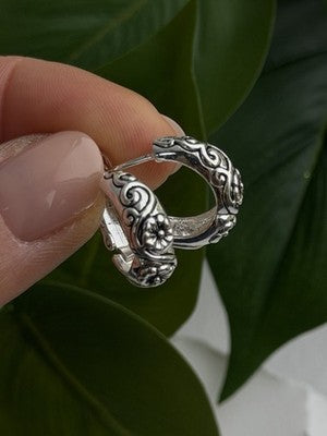 Vintage Floral Hoop Engraved Boho Western 925 Sterling Silver Earrings