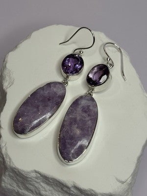 925 Sterling Silver Lepidolite & Amethyst Earrings Length 2.5 Inch