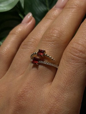 Modern Adjustable 14K Yellow Gold Garnet & Diamond Ring